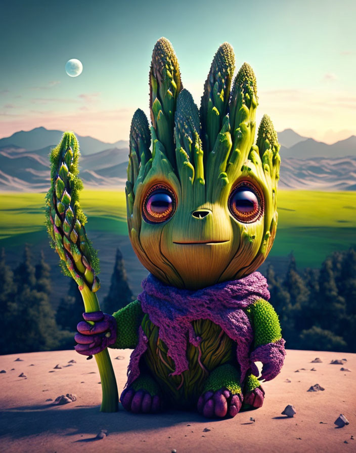 Small animated character with broccoli-like features holding asparagus staff in scenic landscape.