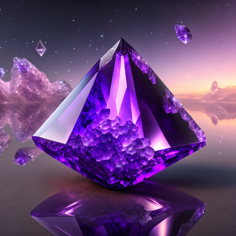 Reflective purple crystal on dreamy backdrop with floating shards and dusky sky.