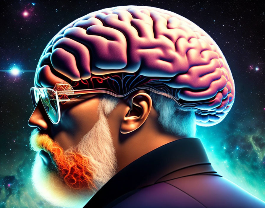 Man with Glowing Brain, Glasses, Orange Beard on Cosmic Background