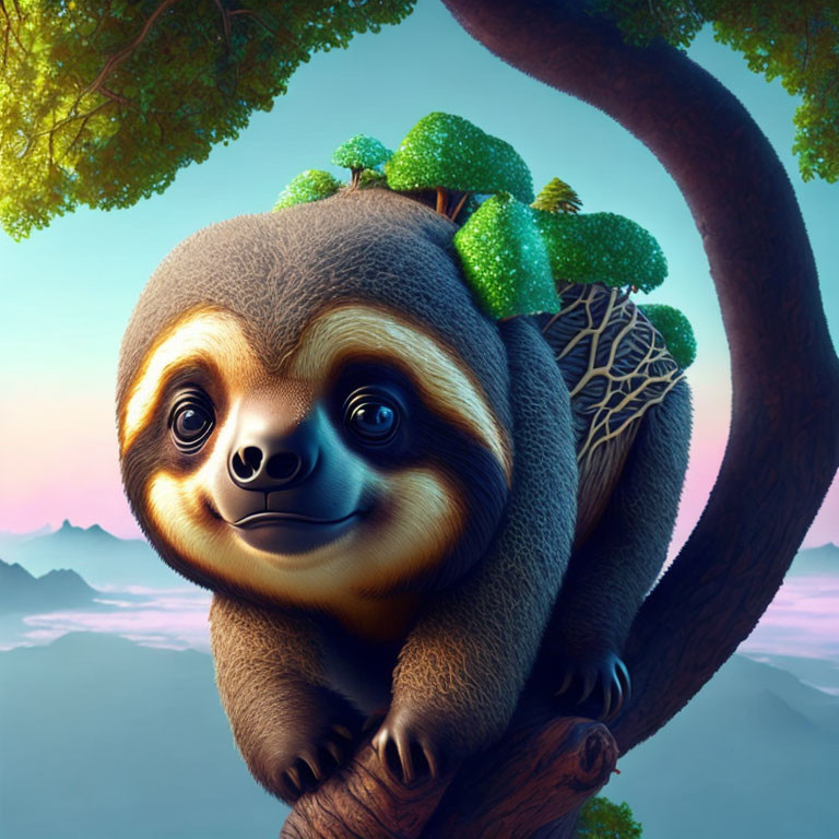 Smiling sloth with moss-covered shell on tree branch at dawn/dusk