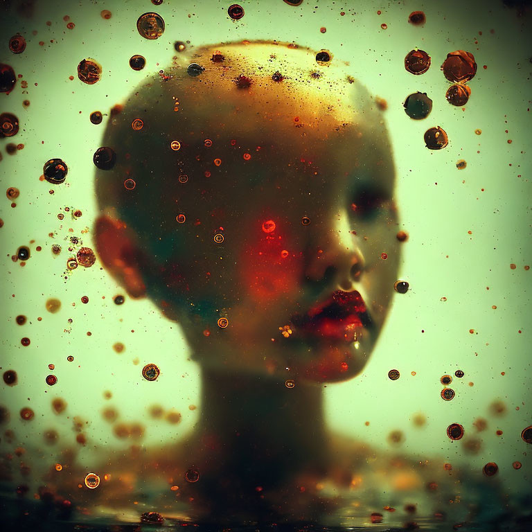 Bald Figure with Red Lips in Surreal Setting with Bronze Bubbles