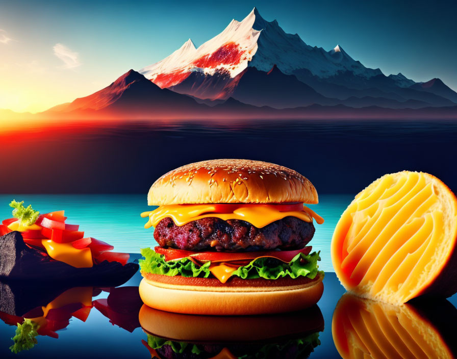 Cheeseburger with lettuce and tomato in surreal mountain landscape