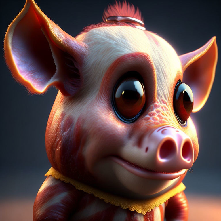 Detailed 3D Cartoon Pig Illustration with Expressive Eyes and Yellow Collar