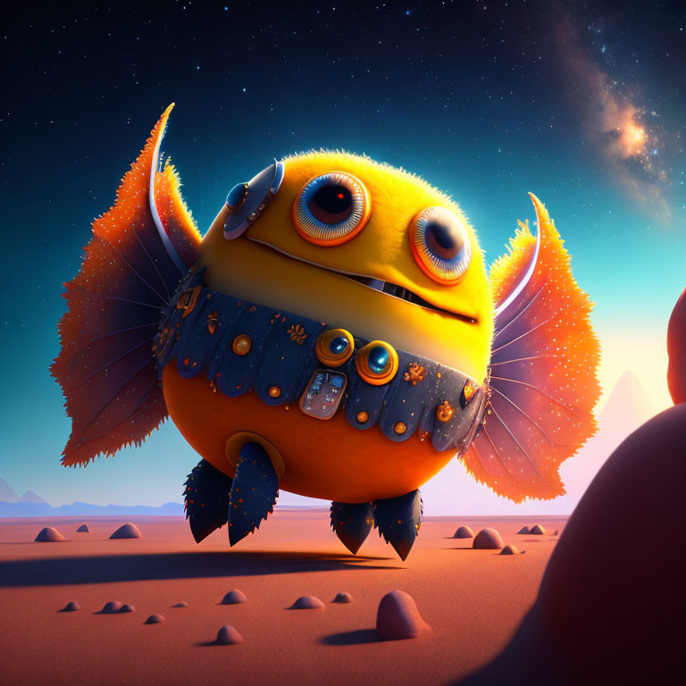 Round orange robot with fish-like fins in desert landscape under dusky sky