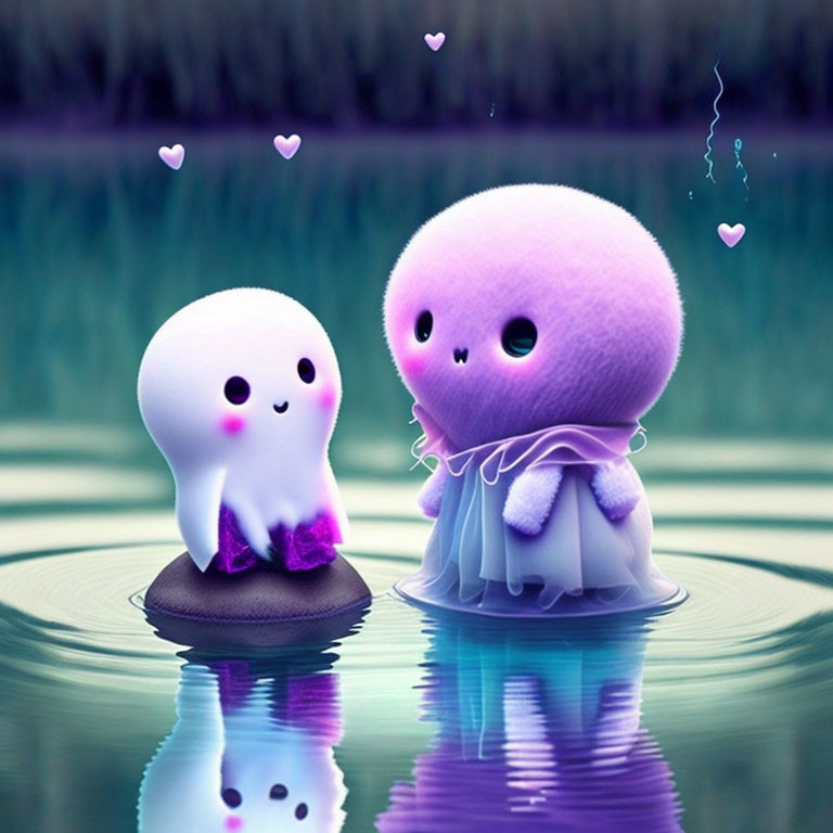 Cartoon Ghosts with Expressive Eyes Floating Above Water