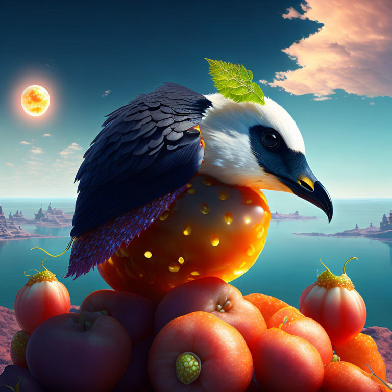 Surreal bird with orange fruit body on tomatoes in whimsical dual-sun sky