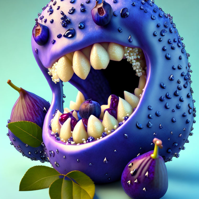 Blueberry character with sharp teeth eating figs on turquoise background