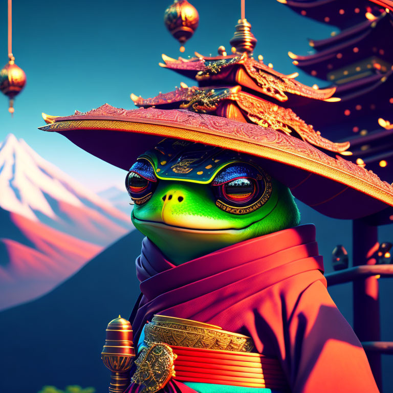 Anthropomorphic Frog in East Asian Attire with Mountain Backdrop