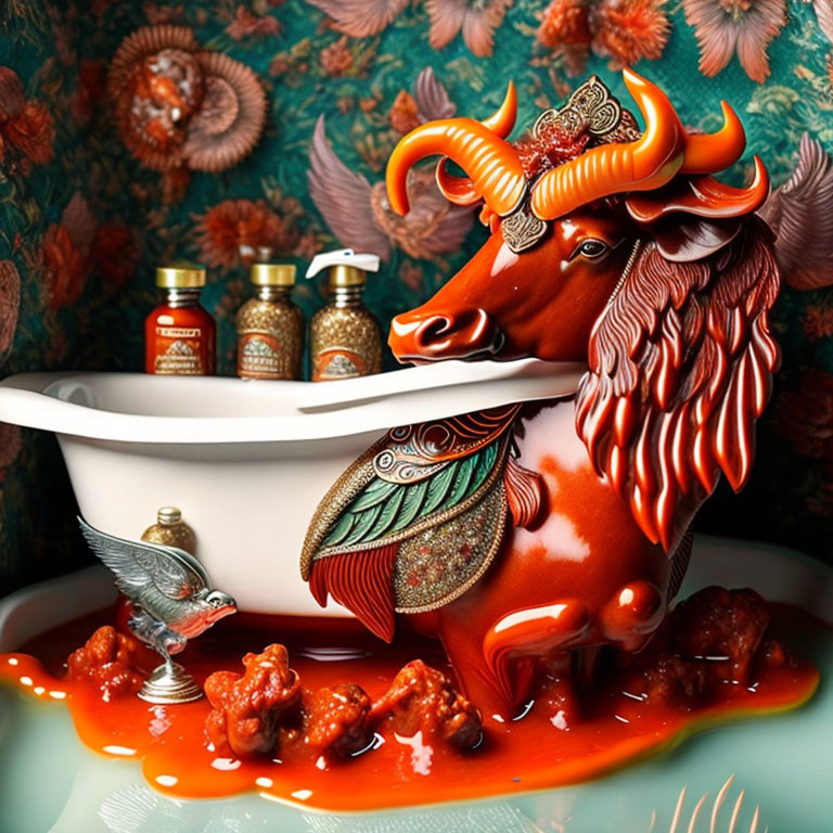 Colorful Bull with Ornate Decorations in Surreal Bathroom Setting