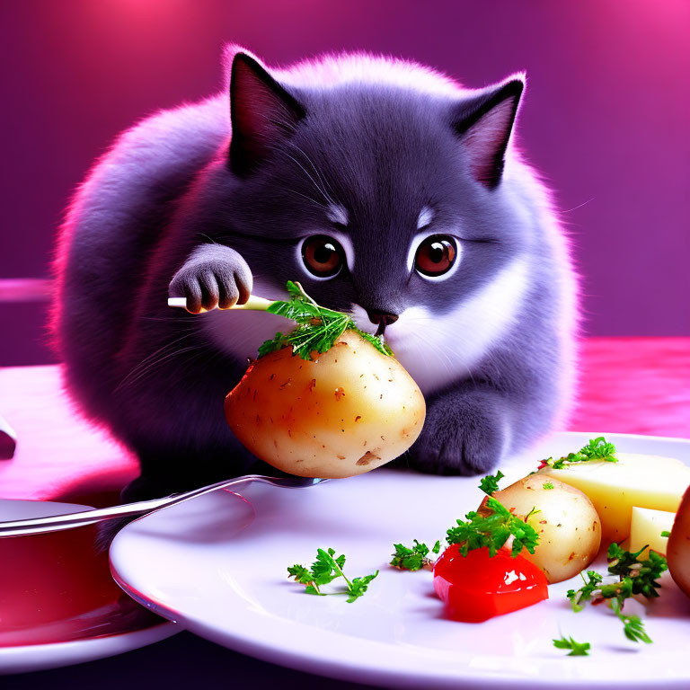 Fluffy Gray Kitten Playing with Potatoes and Herbs on White Plate