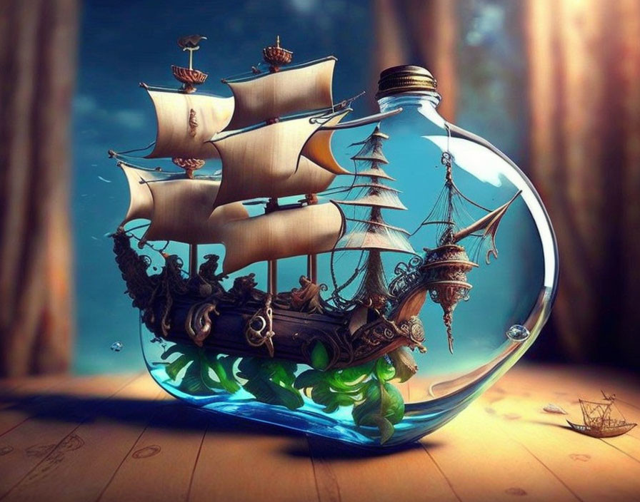 Detailed ship in full sail inside transparent bottle on wooden surface - artistic twist