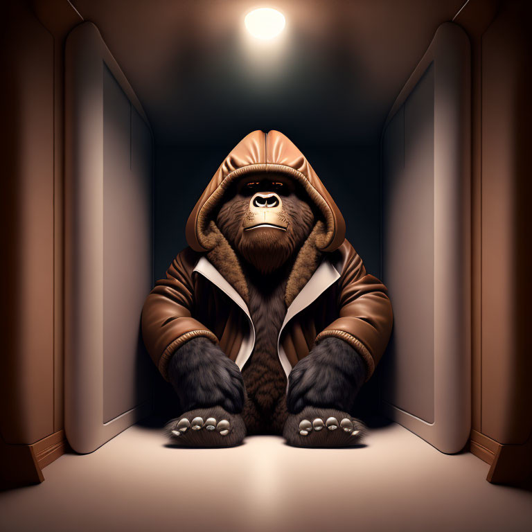 Stylized gorilla in leather jacket and aviator hat in dimly lit corridor