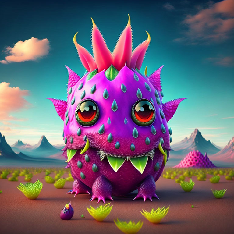 Colorful Stylized Cartoon Purple Dragon in Desert Landscape