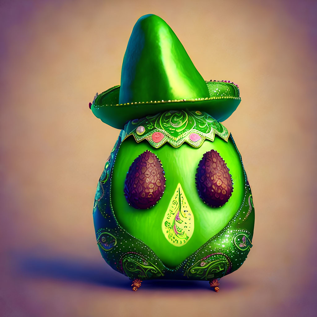 Anthropomorphic Avocado with Sombrero and Feet on Plain Background