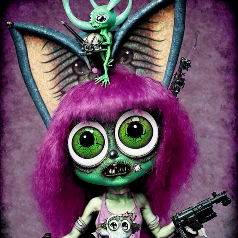 Artwork of large-eyed character with purple hair holding toy-like gun and small green alien on head