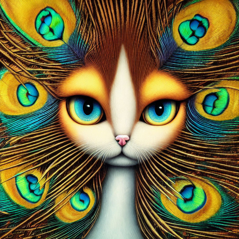 Colorful digital artwork: Cat with peacock feather ears & detailed fur pattern