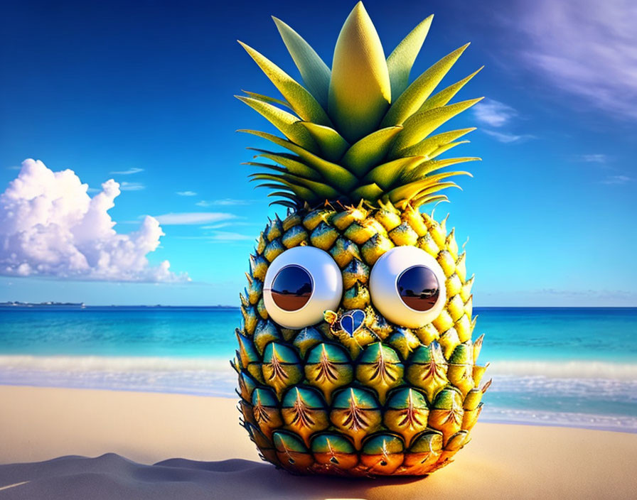 Anthropomorphic Pineapple with Sunglasses on Beach Shore