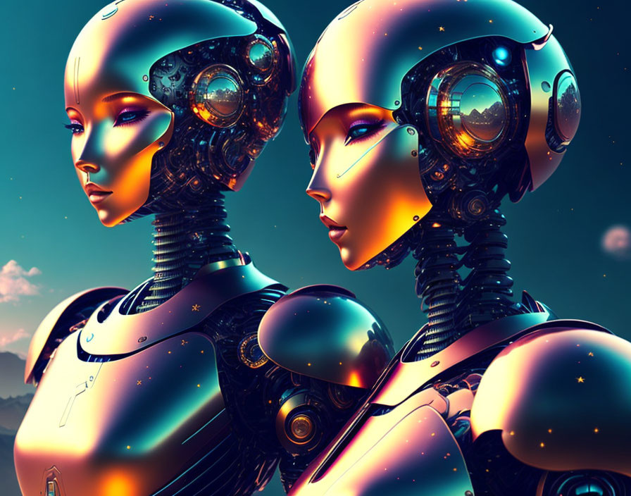 Highly detailed futuristic female androids facing each other on blue background