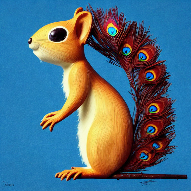 Whimsical creature: squirrel body with peacock tail on blue background