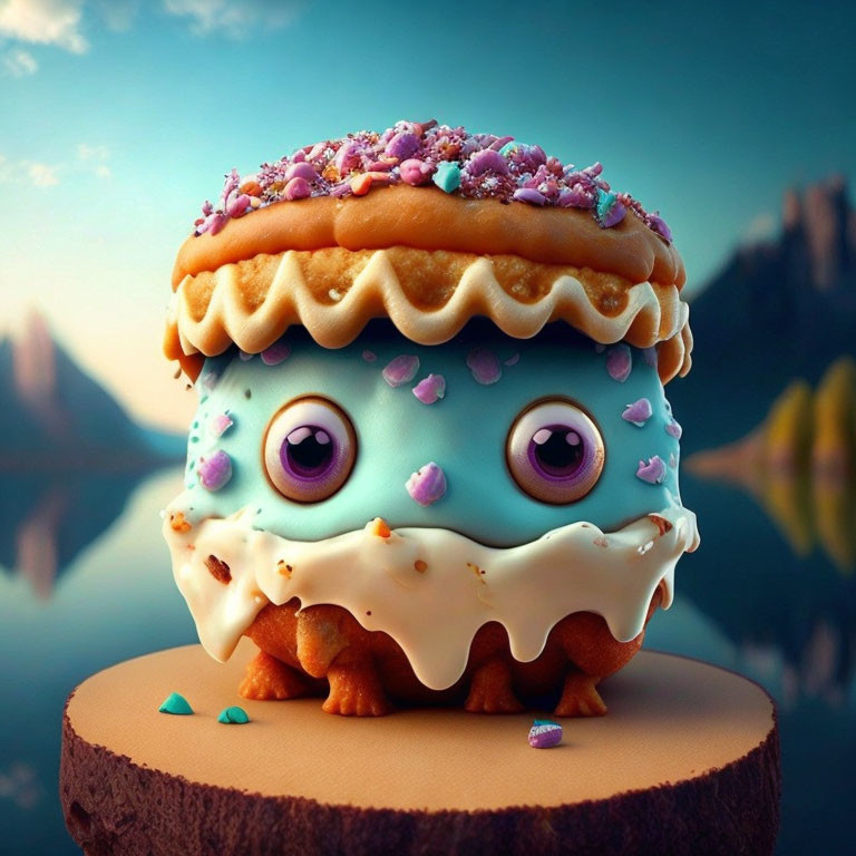 Whimsical creature with large eyes and donut-like appearance in mountain setting