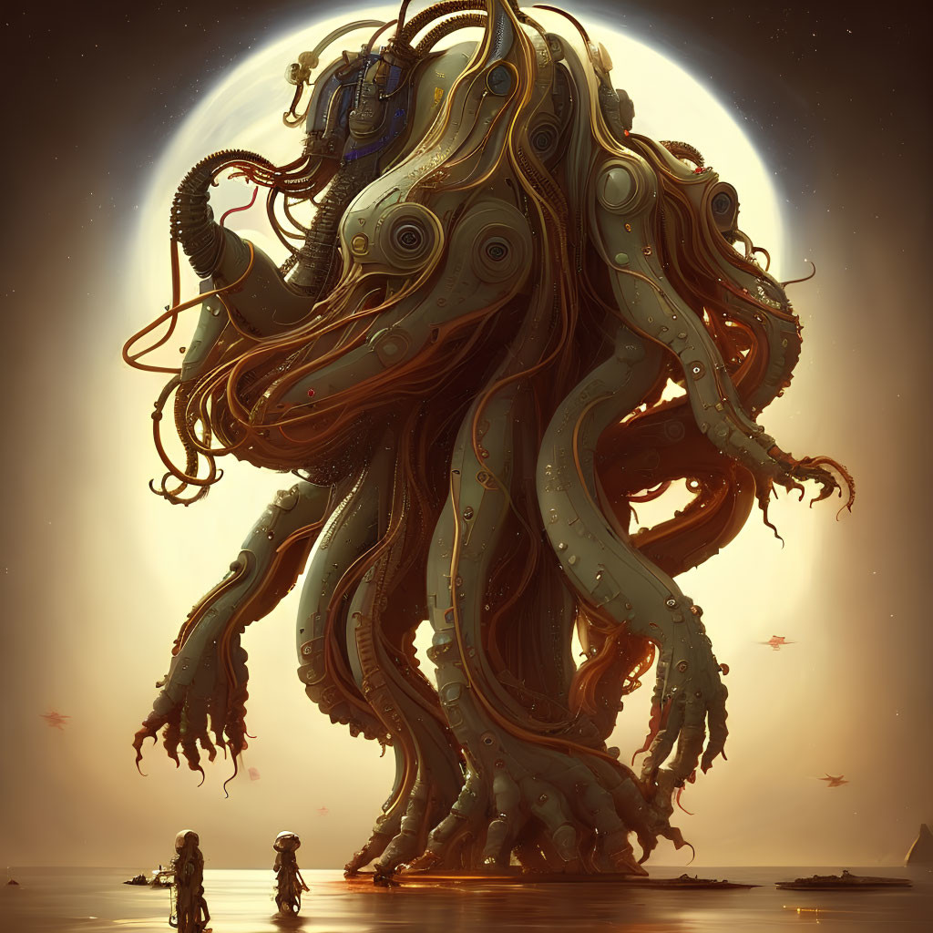 Giant tentacled creature on barren landscape with eclipse-like glow