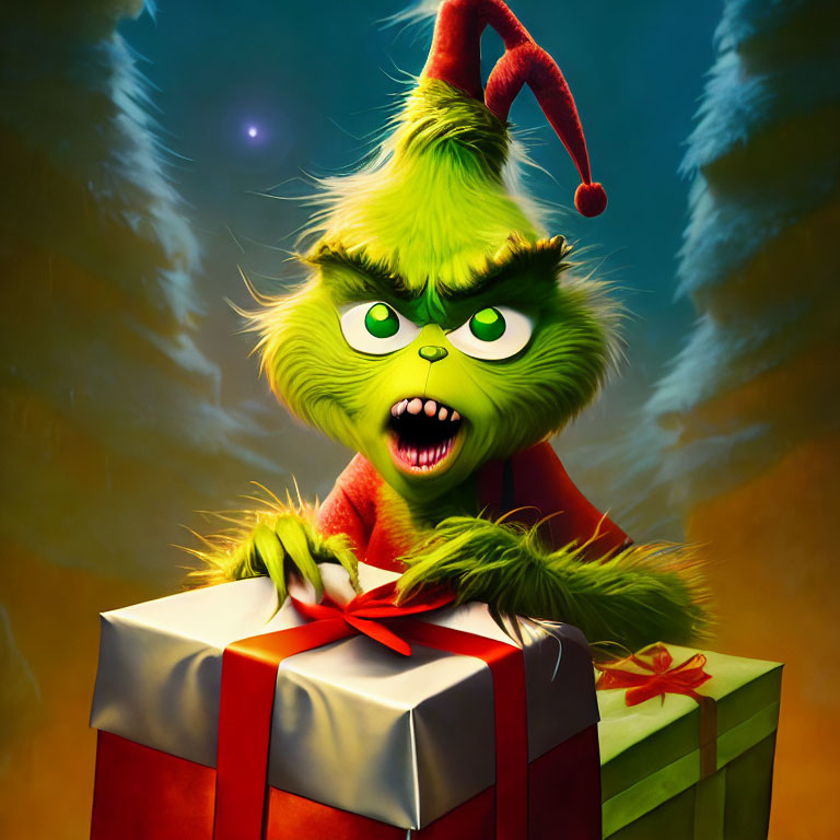 Grumpy green furry character in Santa hat holding gift on colorful backdrop