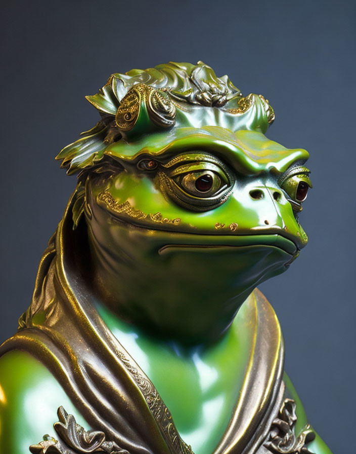 Vibrant humanoid frog sculpture in regal attire on dark backdrop