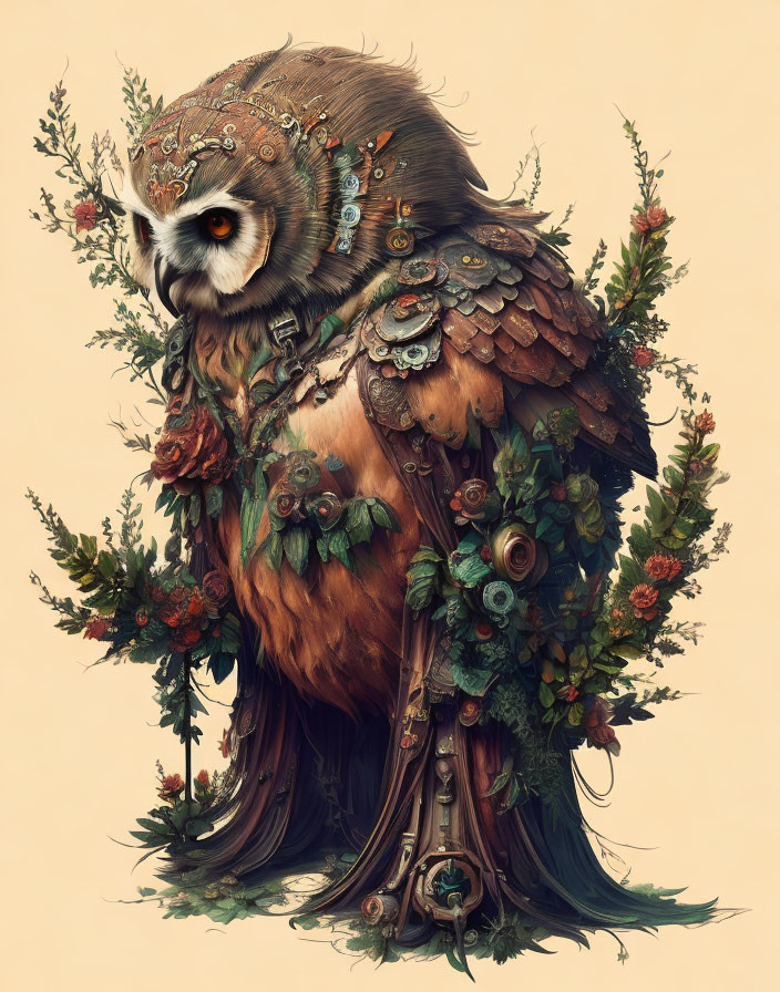 Intricate botanical armor owl illustration on neutral background