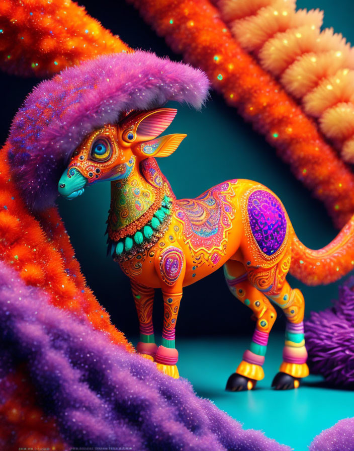 Colorful mythical creature resembling llama with vibrant fur & ornate decorations