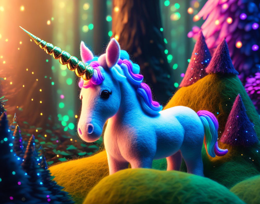 Colorful unicorn in enchanted forest with rainbow mane & tail