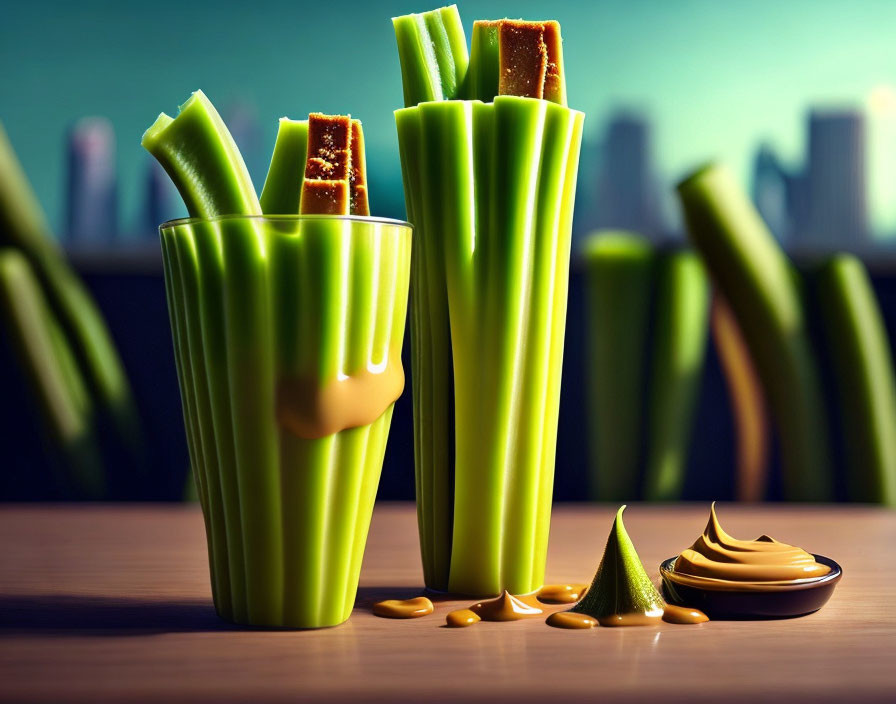 Fresh celery sticks with peanut butter on wooden table, cityscape backdrop