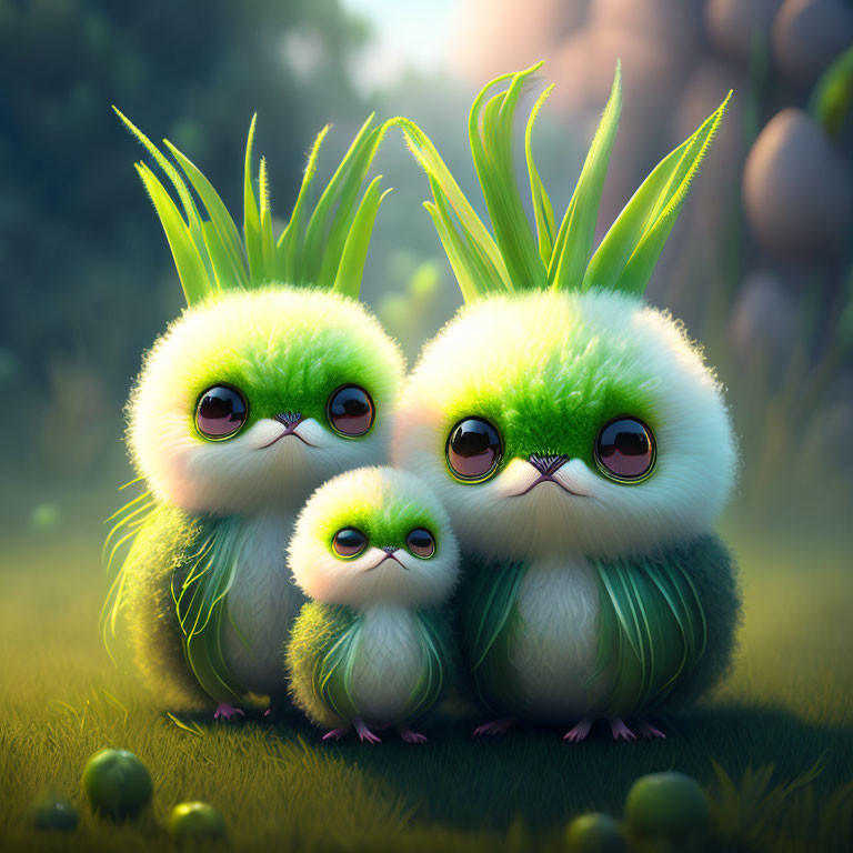 Three cute fluffy creatures with large eyes and green feathered bodies resembling chicks with grass-like tufts.