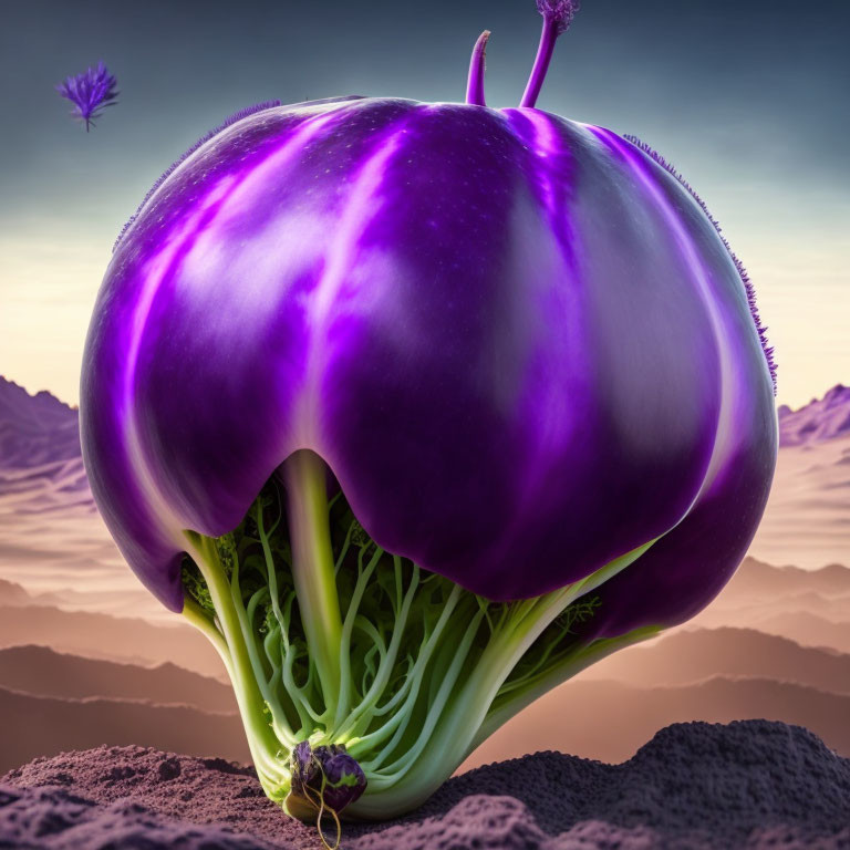 Surreal image: Giant eggplant merging with broccoli on mountainous landscape