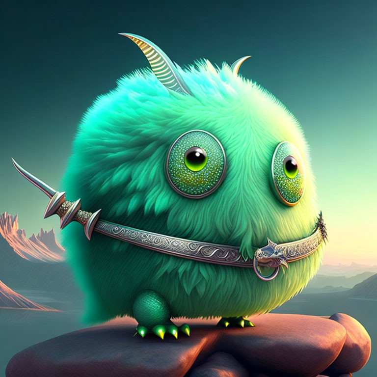 Green furry creature with sword on rock in twilight sky.