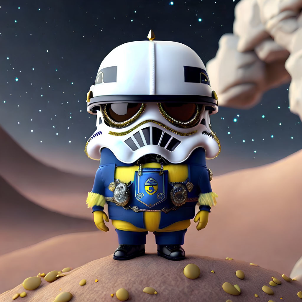 Stylized sci-fi trooper figurine on rocky surface under starry sky