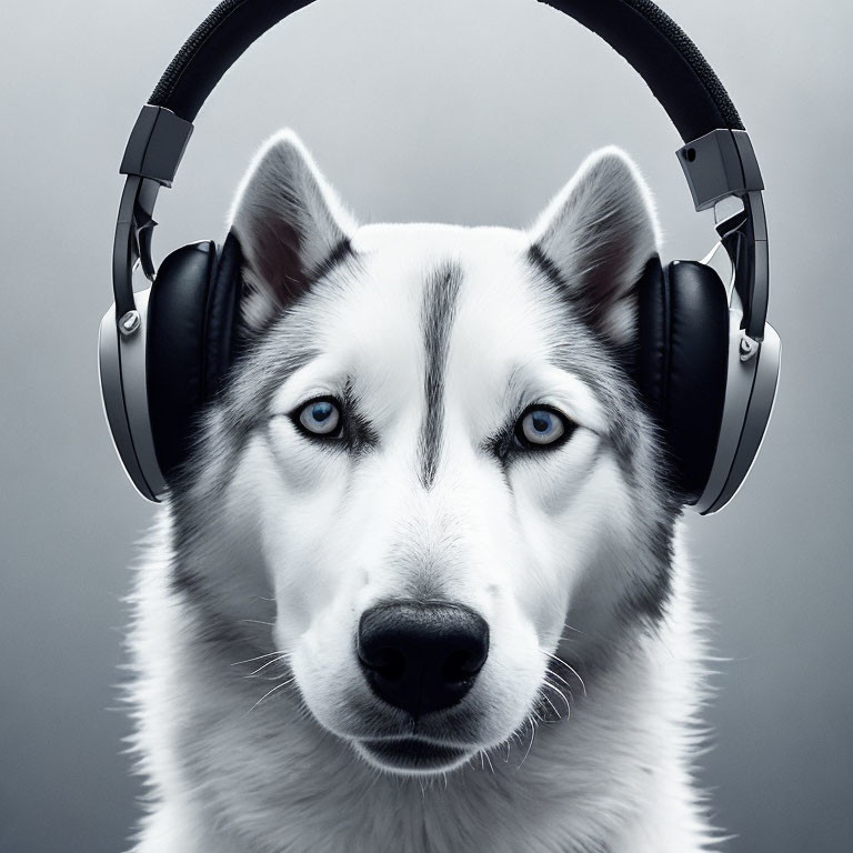 Siberian Husky with blue eyes in black headphones on grey background