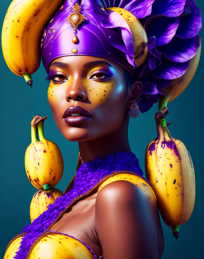 Portrait of Woman with Purple Headwrap, Bananas, Flowers, Golden Makeup, and Purple Outfit