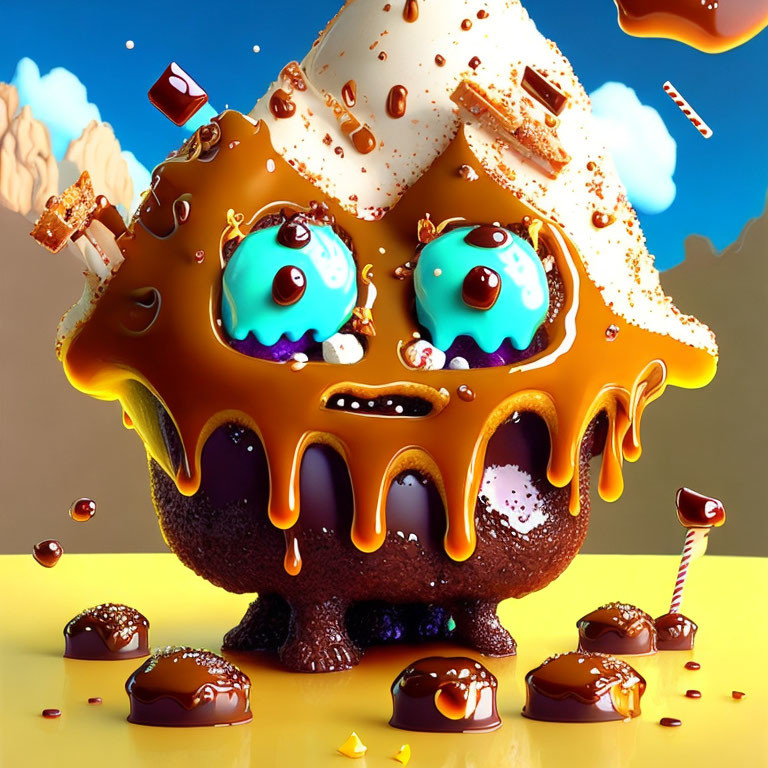 Chocolate Monster Cake with Caramel Drips and Sweet Toppings