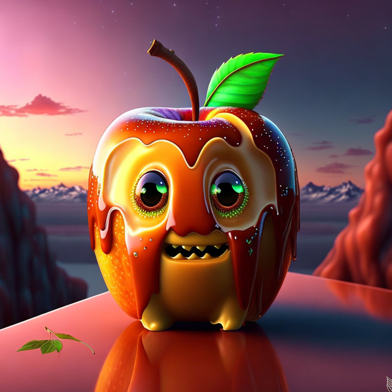 Anthropomorphic apple with melting face in sunset landscape