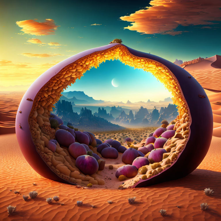 Surreal desert landscape with crescent moon and colorful orbs in fruit-like structure