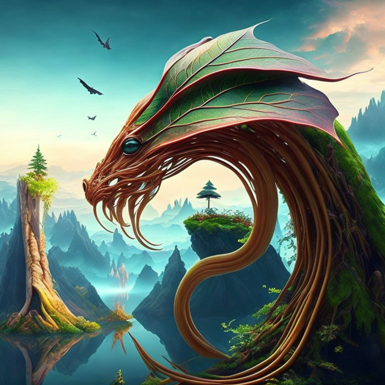 Majestic serpent creature with leafy wings in mystical landscape