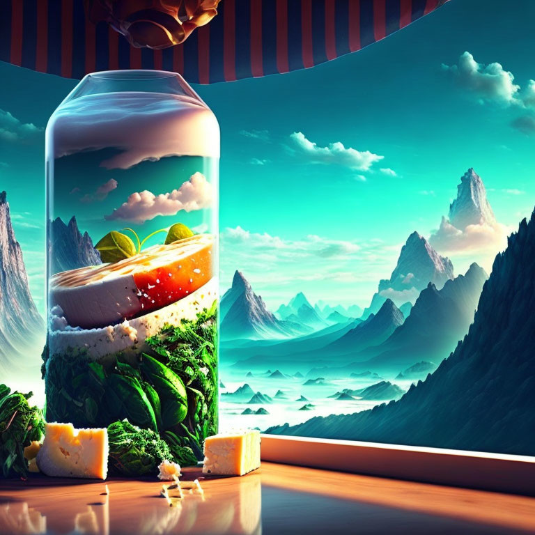 Surreal landscape with nature layers, cheese, mountains, colorful sky