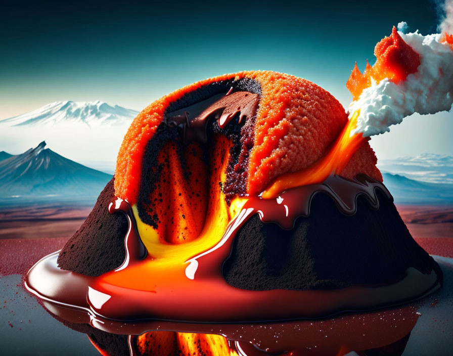 Molten chocolate lava cake with volcanic eruption theme