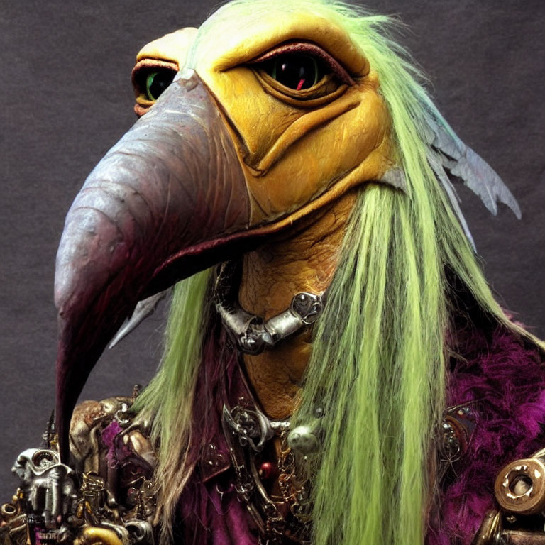 Detailed Fantasy Creature with Bird-Like Face and Green Hair in Purple Clothing