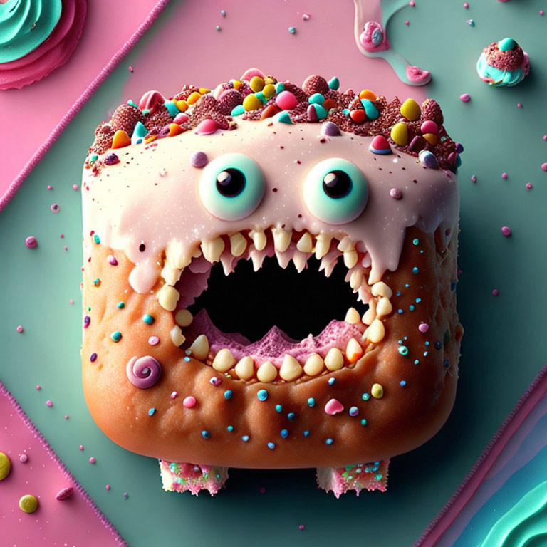 Colorful Cartoon-Style Donut with Sprinkles on Pastel Background