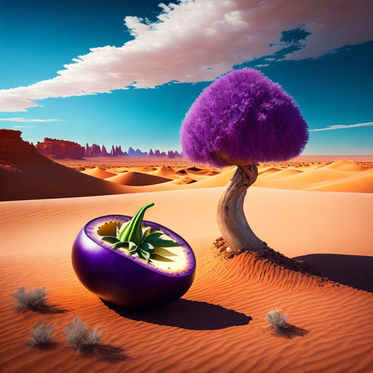 Surreal desert landscape with purple fluffy tree and half plum plant under blue sky