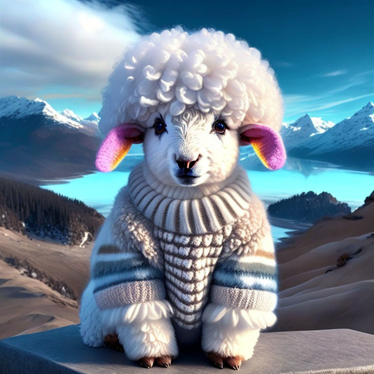 Fluffy sheep in striped sweater against surreal mountain backdrop