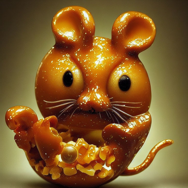 Amber-colored mouse figurine with black eyes and white bead encrustation