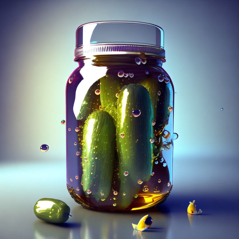 Jar of Green Pickles with Bubbles and Decorative Chicks