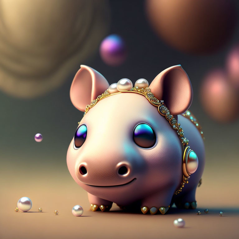 Pink Piggy Bank with Pearls and Gold Jewelry in 3D Render